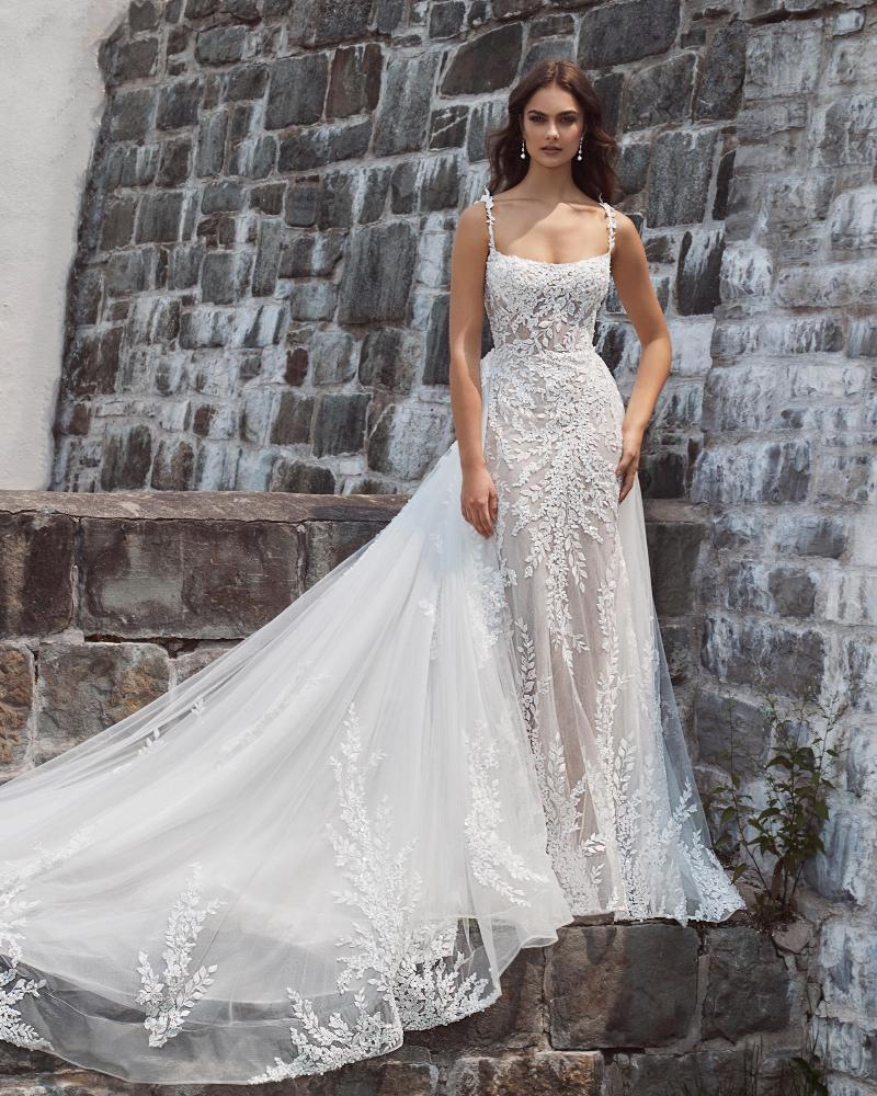 124105 sexy beaded wedding dress with overskirt and spaghetti straps3